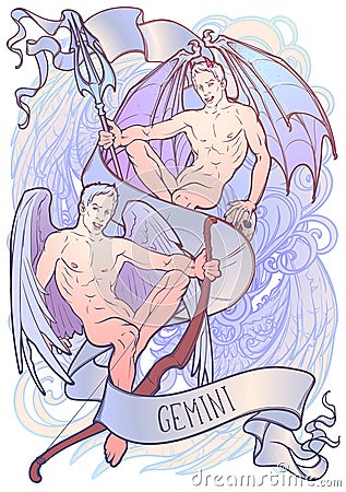 Zodiac sign of Gemini, element of Air. Intricate linear drawing on watercolor textured background. Vector Illustration