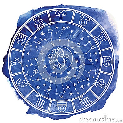 Zodiac sign in Horoscope circle.Blue watercolor Vector Illustration