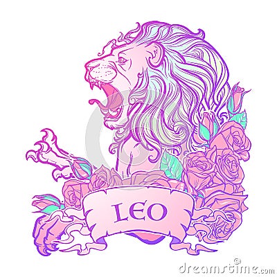 Zodiac sign of Leo with a decorative frame roses. Cartoon Illustration