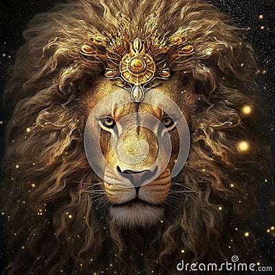 Zodiac sign of Leo, fantasy lion with golden decoration, generative AI Stock Photo