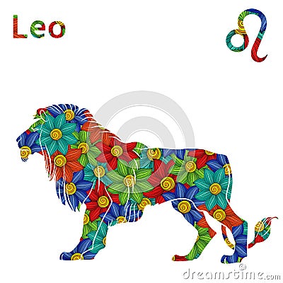 Zodiac sign Leo with stylized flowers Vector Illustration