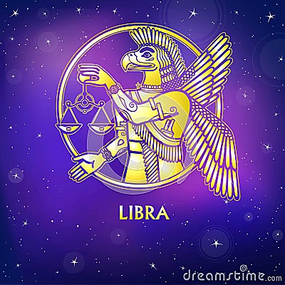 Zodiac sign Libra. Character of Sumerian mythology. Gold imitation. Vector Illustration