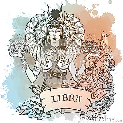 Zodiac sign of Libra, element of Air. Intricate linear drawing on watercolor textured background. Vector Illustration