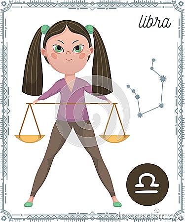 Zodiac sign Libra. Funny cartoon character. Vector Illustration