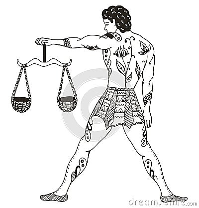 Zodiac sign - Libra. Young man holding scales.Vector illustration. Zentangle stylized. Horoscope. Pattern. Hand drawn. Freehand p Vector Illustration