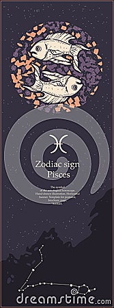 Zodiac sign Pisces. The symbol of the astrological horoscope. Hand-drawn illustration. Vertical banner. Template for Vector Illustration