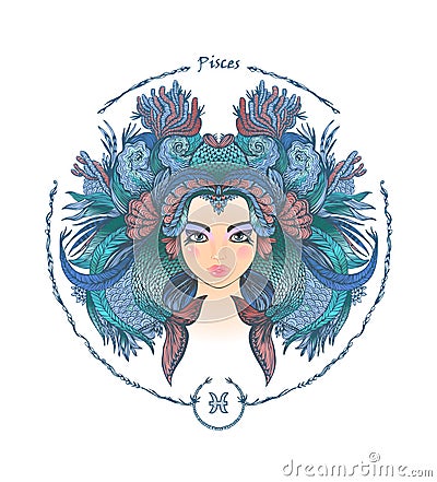 Zodiac sign. Portrait of a woman. Pisces Vector Illustration