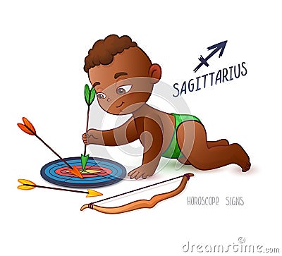 Zodiac sign SAGITTARIUS. African American kid pokes a shot at a target. Horoscope sign SAGITTARIUS. Little babyboy. Arrows, bow an Vector Illustration