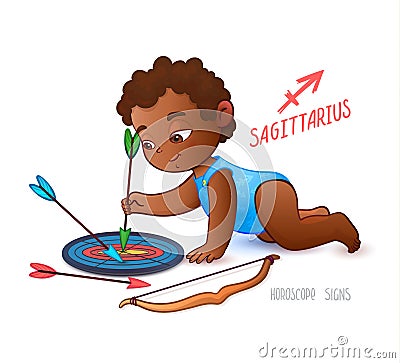 Zodiac sign SAGITTARIUS. African American kid pokes a shot at a target. Horoscope sign SAGITTARIUS. Little babyboy. Arrows, bow an Vector Illustration