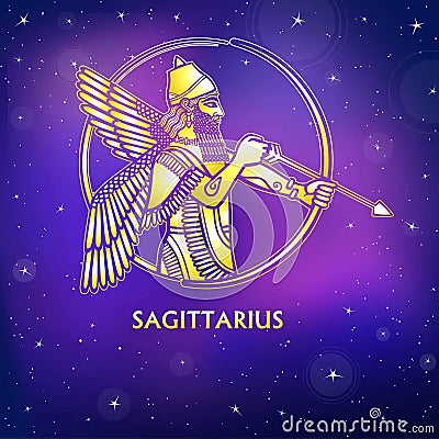 Zodiac sign Sagittarius. Character of Sumerian mythology. Gold imitation. Vector Illustration