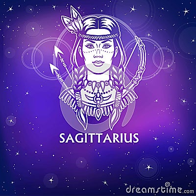 Zodiac sign Sagittarius. Fantastic princess, animation portrait. White drawing, background - the night stellar sky. Vector Illustration