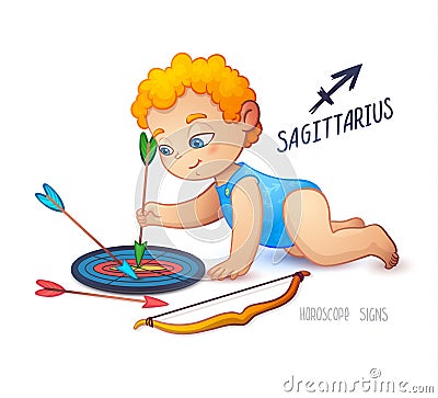 Zodiac sign SAGITTARIUS. Red head kid pokes a shot at a target. Horoscope sign SAGITTARIUS. Little babyboy. Arrows, bow and target Vector Illustration