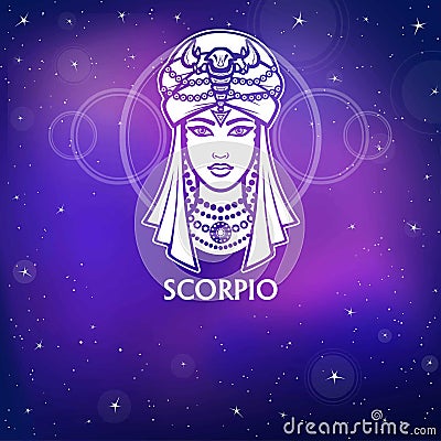 Zodiac sign Scorpio . Fantastic princess, animation portrait. White drawing, background - the night stellar sky. Vector Illustration