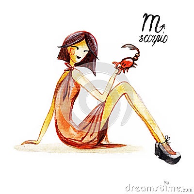 Zodiac sign of the Scorpio, watercolor illustration on a white b Cartoon Illustration