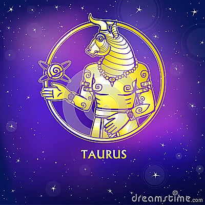 Zodiac sign Taurus. Character of Sumerian mythology. Gold imitation. Vector Illustration
