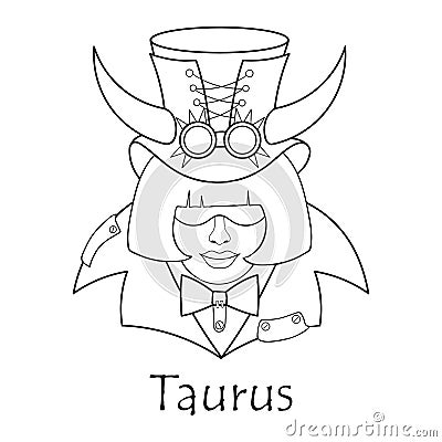 Zodiac sign of Taurus in the steampunk style. Black and white coloring Vector Illustration