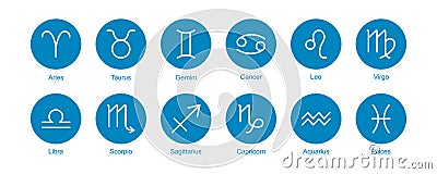 Zodiac sign vector, horoscope icon, astrology star symbol, twelve element set, blue circle pictogram. Simple line illustration Vector Illustration
