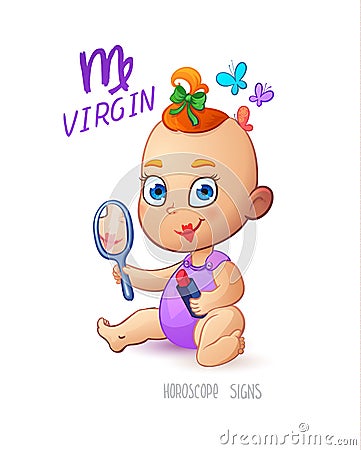 Zodiac sign Virgin. BabyGirl enjoys makeup. Horoscope sign Virgin. Little girl make up her lips using mothers lipstick. She looks Vector Illustration