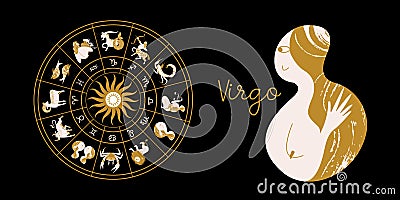 Zodiac sign Virgo. Horoscope and astrology. Full horoscope in the circle. Horoscope wheel zodiac with twelve signs vector Vector Illustration