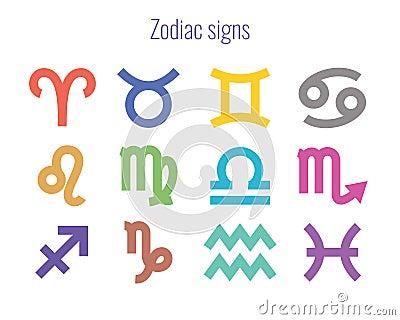 Zodiac signs: aquarius, virgo, capricorn, sagittarius, aries, gemini, scorpio, libra, leo, pisces, taurus, cancer. Colorful Vector Illustration
