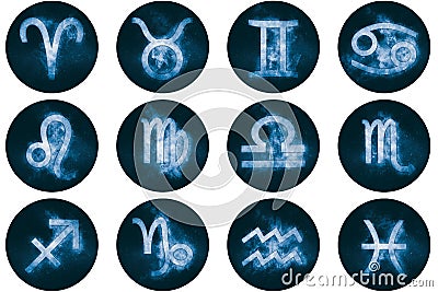 Zodiac signs buttons. Set of horoscope symbols, astrology icons Stock Photo