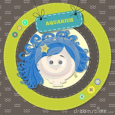 Zodiac signs collection.Cute horoscope - aquarius. Vector Illustration