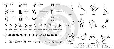 Zodiac signs and constellations. Ritual astrology and horoscope symbols with stars planet symbols and Moon phases Vector Illustration