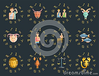 Zodiac signs flat set of horoscope symbols star collection astrology ascendant figure nativity vector astrological Vector Illustration