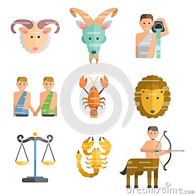 Zodiac signs flat set of horoscope symbols star collection astrology ascendant figure nativity vector astrological Vector Illustration