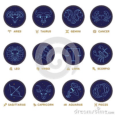 Zodiac signs, horoscope and astrological symbols Vector Illustration