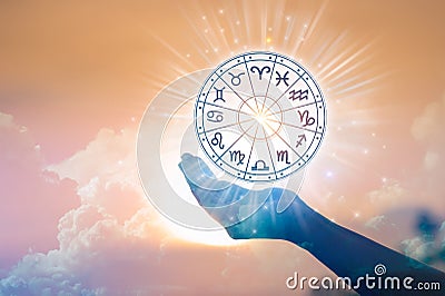 Zodiac signs inside of horoscope circle. Astrology in the sky with many stars and moons astrology and horoscopes concept Stock Photo