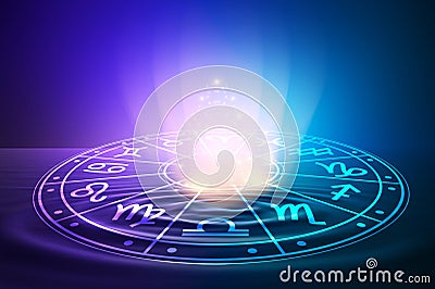 Zodiac signs inside of horoscope circle. Astrology in the sky with many stars and moons astrology and horoscopes concept Stock Photo