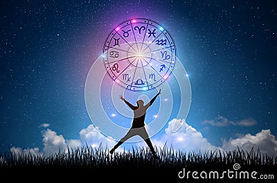 Zodiac signs inside of horoscope circle. Astrology in the sky with many stars and moons astrology and horoscopes concept Stock Photo