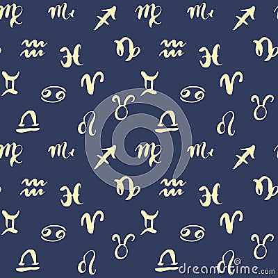 Zodiac signs seamless pattern. Hand drawn horoscope astrology symbols, grunge textured design, typography print, vector illustrati Vector Illustration