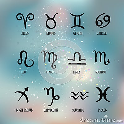 Zodiac signs. Set of simple zodiac with captions . Zodiac symbols Vector Illustration