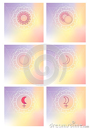 Zodiac signs set. Sun, moon and lilith. Symbols of planets on a light background. Square size. Vector Illustration