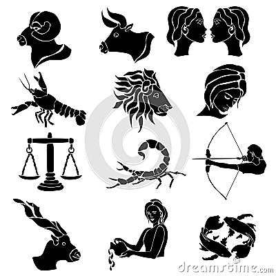 Zodiac signs, set of twelve silhouettes with astrological symbols Vector Illustration