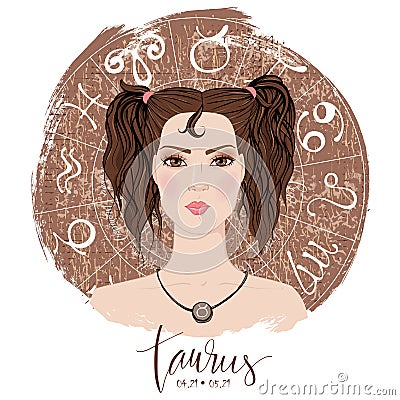 Zodiac signs Taurus in image of beauty girl. Vector Illustration