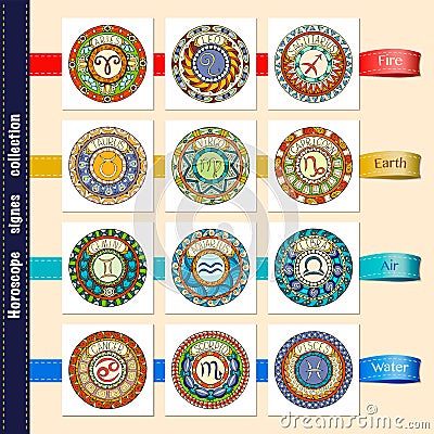 Zodiac signs theme. Set of mandala zodiac signs. Hand drawn tribal mandala horoscope symbol. Vector Illustration