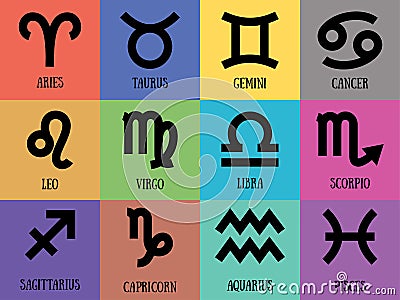 Zodiac signs. Vector color horoscope. Aquarius, virgo, capricorn, aries, gemini, scorpio, libra, leo, pisces, taurus, cancer Vector Illustration