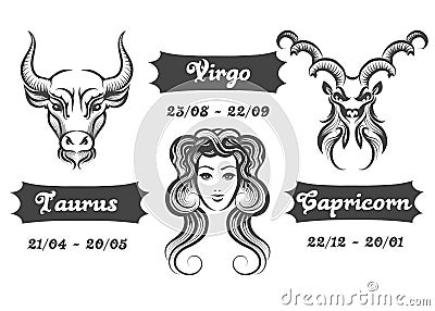 Zodiac signs of Virgo Taurus and Capricorn Cartoon Illustration