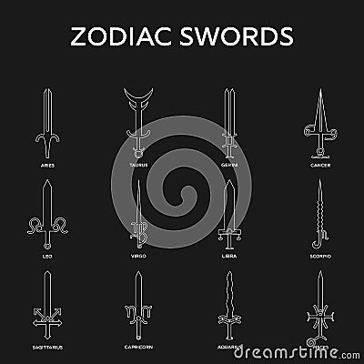 Zodiac signs. Zodiac weapon sword set. Clean and modern vector illustration for design, web. Vector Illustration