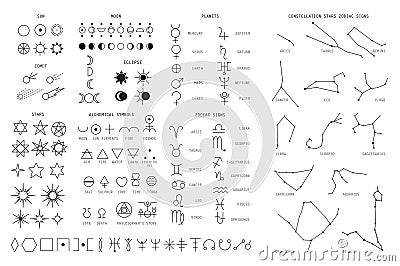 Zodiac sings constellation, alchemy astrology astronomy symbols, isolated icons. Planets, stars pictograms. Big esoteric Vector Illustration