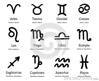 Zodiac symbols. Astrology horoscope signs, astrological calendar and zodiacs dates vector illustration set Vector Illustration