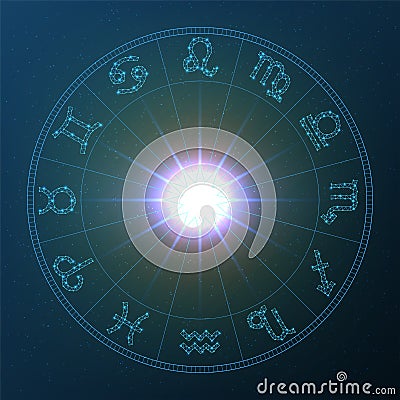 Zodiac Wheel, vector zodiac wheel with zodiac signs on a space background Vector Illustration