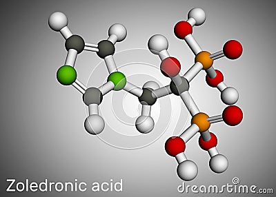 Zoledronic acid, zoledronate molecule. It is bisphosphonate, used to treat a number of bone diseases. Molecular model. 3D Stock Photo