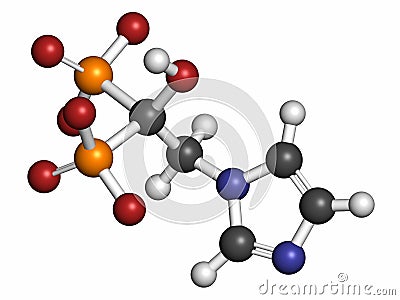 Zoledronic acid (zoledronate) osteoporosis drug molecule (bisphosphonate class). Atoms are represented as spheres with Stock Photo