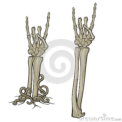 Zombie body language. Sign of the horns. Pair of skeleton hands rising from the ground and torn apart. linear drawing Vector Illustration