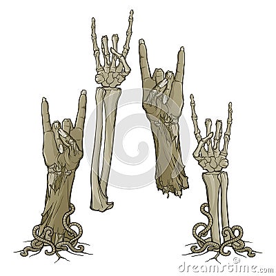 Zombie body language. Sign of the horns. lifelike depiction of the rotting flash with ragged skin, protruding bones Vector Illustration