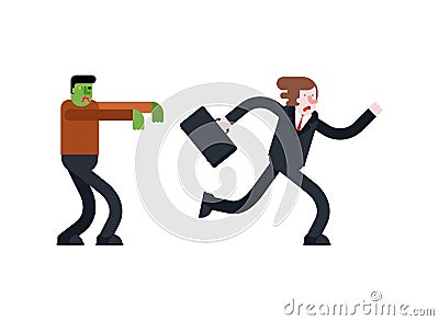 Zombie is chasing man. Zombi running after guy. Green walking dead haunts man. vector illustration Vector Illustration